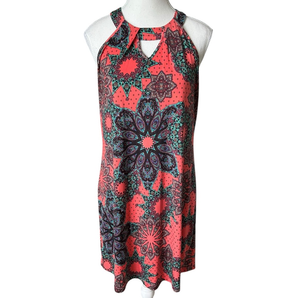 Paisley Print Coral & Teal Bohemian Cutout Midi Dress S